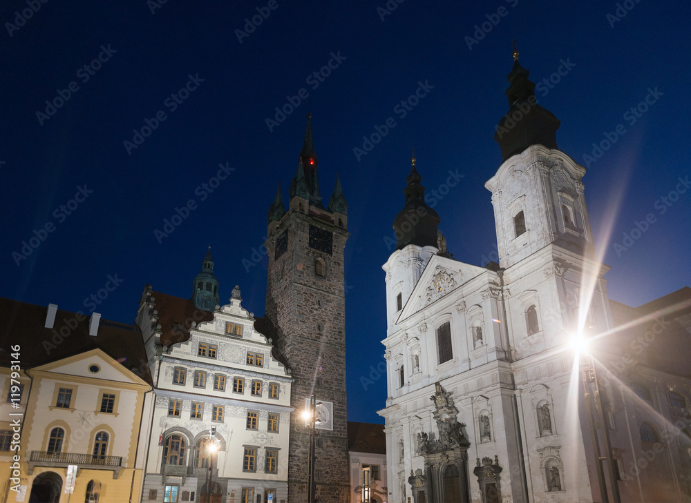 Klatovy city main square Black tower and church with catacombs, Czech republic