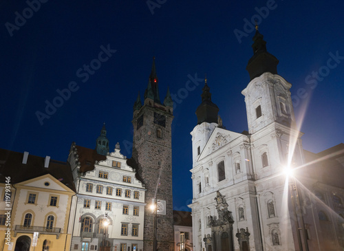 Klatovy city main square Black tower and church with catacombs, Czech republic