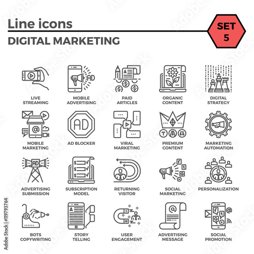 Digital marketing relations thin line related icons set on white background. Simple mono linear pictogram pack Stroke vector logo concept for web graphics.