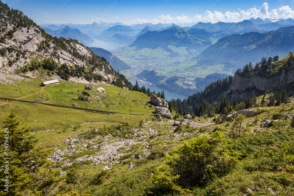 Scenic summer alpine landscape of mountain ranges