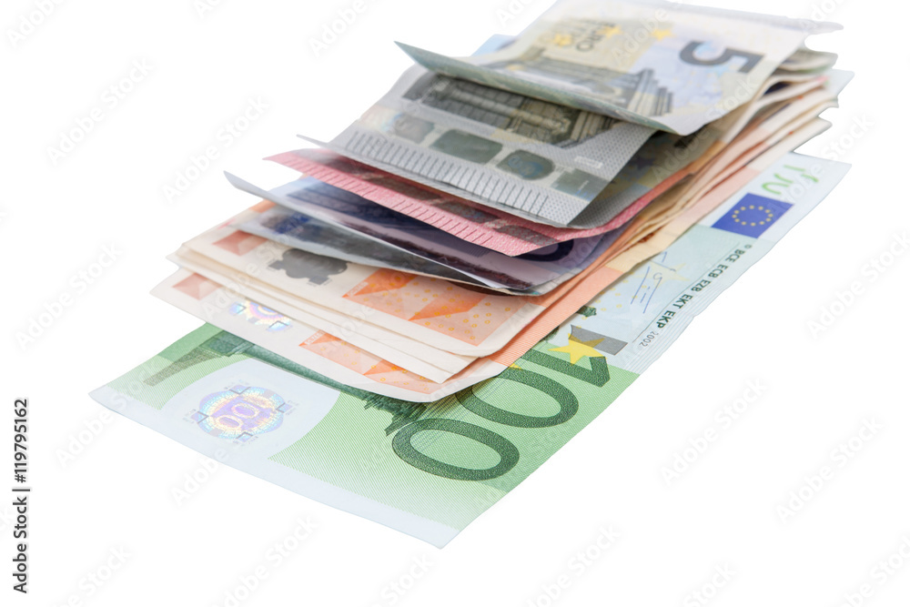 Euro banknotes stacked by value. Euro banknotes stacked by value.