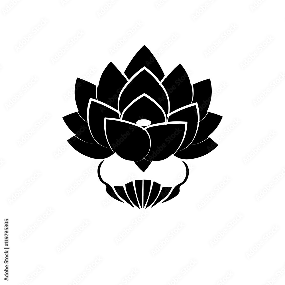 Black stylized image of a lotus flower on a white background. The symbol of commitment to the Buddha in Japan Black stylized image of a lotus flower on a white background. The symbol of commitment to the Buddha in Japan