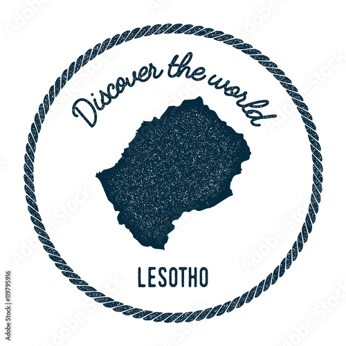 Vintage discover the world rubber stamp with Lesotho map. Hipster style nautical postage stamp, with round rope border. Vector illustration.
