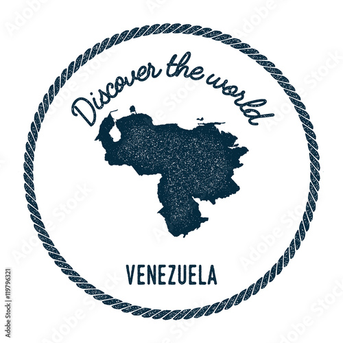 Vintage discover the world rubber stamp with Venezuela, Bolivarian Republic of map. Hipster style nautical postage stamp, with round rope border. Vector illustration.