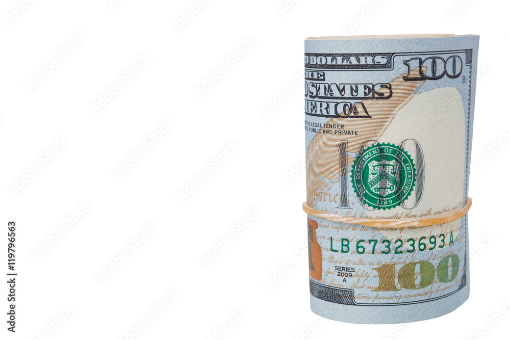 Rolled $100 dollar bills and isolated on white background and have clipping path. Rolled $100 dollar bills and isolated on white background and have clipping path.