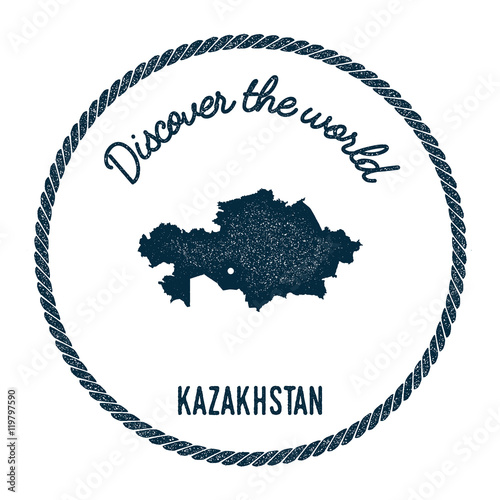 Vintage discover the world rubber stamp with Kazakhstan map. Hipster style nautical postage stamp, with round rope border. Vector illustration.