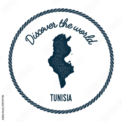 Vintage discover the world rubber stamp with Tunisia map. Hipster style nautical postage stamp, with round rope border. Vector illustration.