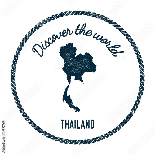 Vintage discover the world rubber stamp with Thailand map. Hipster style nautical postage stamp, with round rope border. Vector illustration.