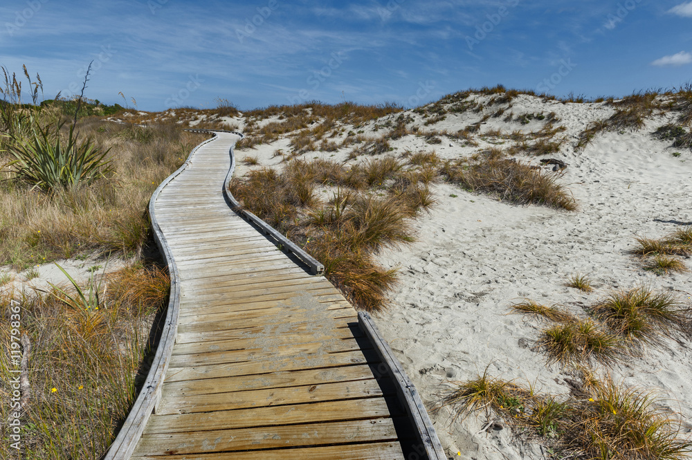 Wooden walkway by the beach at Tauparikaka Marine Reserve, Haast, New Zealand