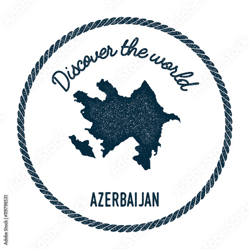 Vintage discover the world rubber stamp with Azerbaijan map. Hipster style nautical postage stamp, with round rope border. Vector illustration.