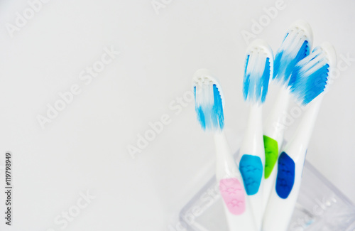 toothbrushs on white background  selective focus   copy space