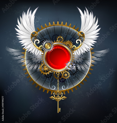 red banner with white wings