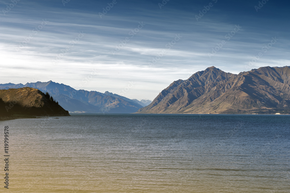 Lake Hawea located in the Otago Region of New Zealand is a popular resort, and is well used in the summer for fishing, boating and swimming