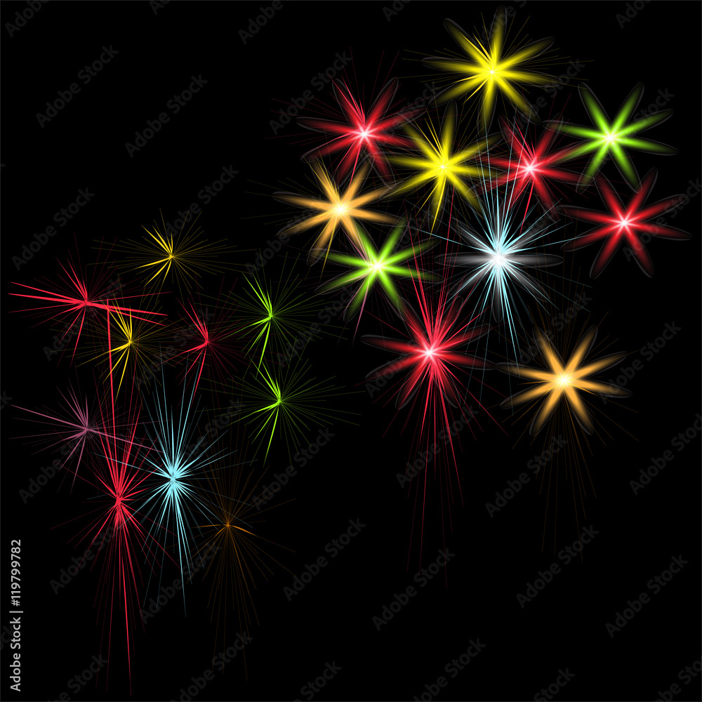 Naklejka premium Festive patterned firework bursting in various shapes sparkling pictograms set against black background abstract isolated illustration