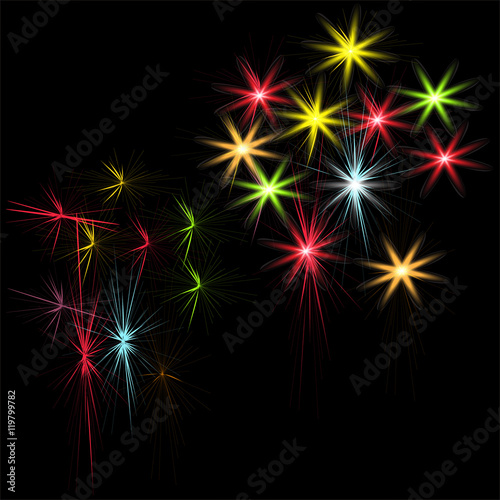 Festive patterned firework bursting in various shapes sparkling pictograms set against black background abstract isolated illustration