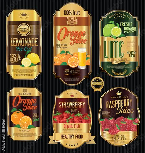 Set of organic fruit retro vintage golden labels collection