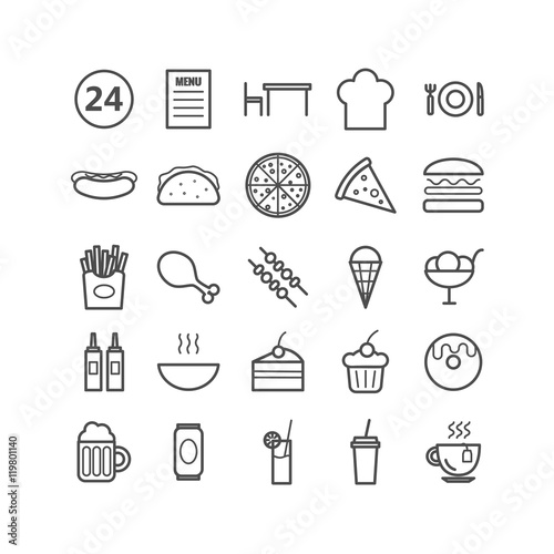 Collection of 25 fast food outline icons. Linear icons for web, print, mobile apps