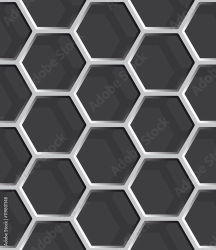Seamless abstract honeycomb mesh background - hexagons. Color grey with shadows.