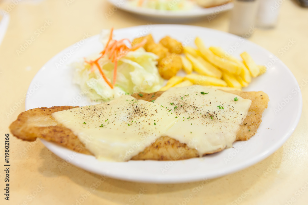 Grilled dolly fish steak meal served Grilled dolly fish steak meal served