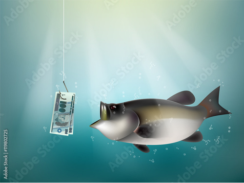 brasilian reals money paper on fish hook, fishing using brasilian reals cash as bait, brasil investment risk concept idea