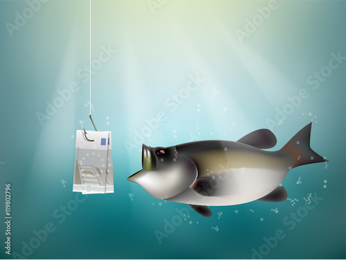 European union money paper on fish hook, fishing using European union cash as bait, European union investment risk concept idea