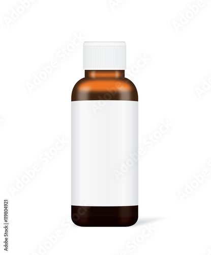 Vector brown glass bottle with white label have a white cap isolated on white. Ideal for medicine bottle mock up or serum container and other.