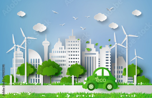Eco Friendly Smart City with Wind Turbines and Green Car