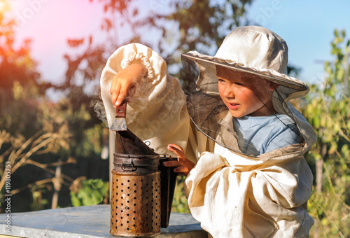 Tableau sur toile Little beekeeper blows smoker for bees