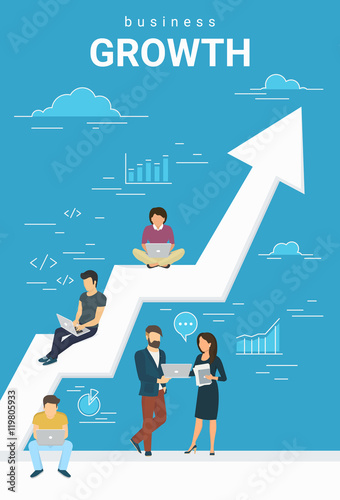 Business growth concept illustration of business people working together as team and sitting on the big arrow. Flat people working with laptops to develop business. Blue business poster