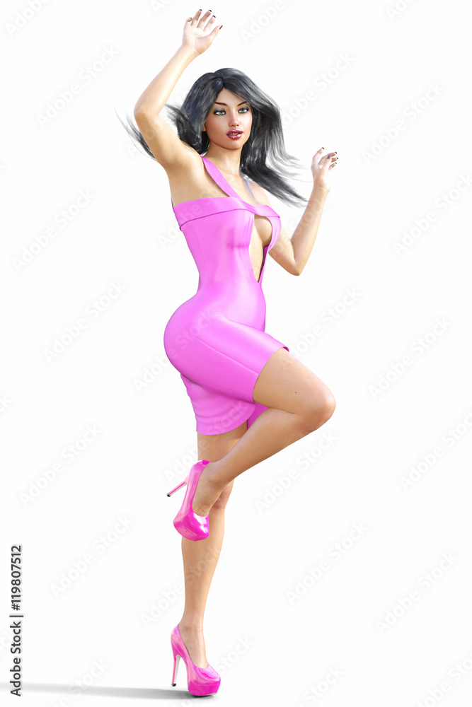 Girl brunette with long hair in short purple silk dress. Conceptual fashion art. Isolate. Studio, high key. Seductive candid pose. Sex. 3D render illustration, photorealistic image. Girl brunette with long hair in short purple silk dress. Conceptual fashion art. Isolate. Studio, high key. Seductive candid pose. Sex. 3D render illustration, photorealistic image.