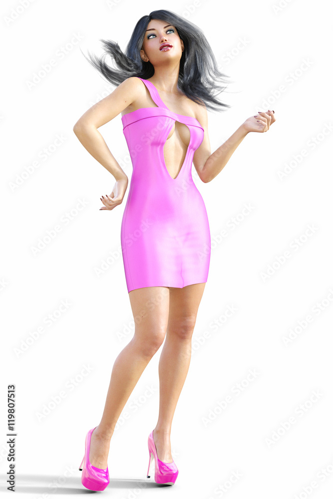 Girl brunette with long hair in short purple silk dress. Conceptual fashion art. Isolate. Studio, high key. Seductive candid pose. Sex. 3D render illustration, photorealistic image. Girl brunette with long hair in short purple silk dress. Conceptual fashion art. Isolate. Studio, high key. Seductive candid pose. Sex. 3D render illustration, photorealistic image.