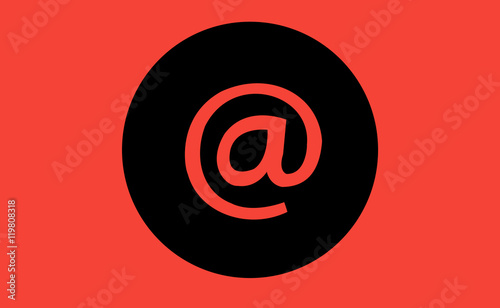 Vector at symbol icon in black circle on flat background