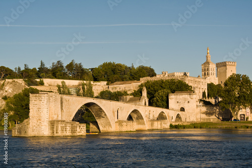 Pont du Avignon ,Avignon Bridge with Popes Palace and Rhone river at sunset, Provence, France