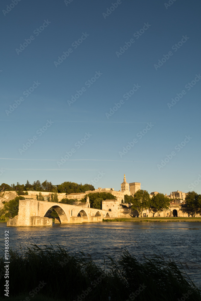 Pont du Avignon ,Avignon Bridge with Popes Palace and Rhone river at sunset, Provence, France