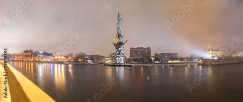 Wide angle soften edge view of Peter the Great monument in Moscow