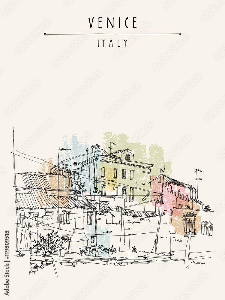 Fototapeta premium Canal bank in Venice, Italy, Europe. Historic buildings Vintage hand drawn travel sketch. Retro style touristic postcard, poster, calendar or book illustration