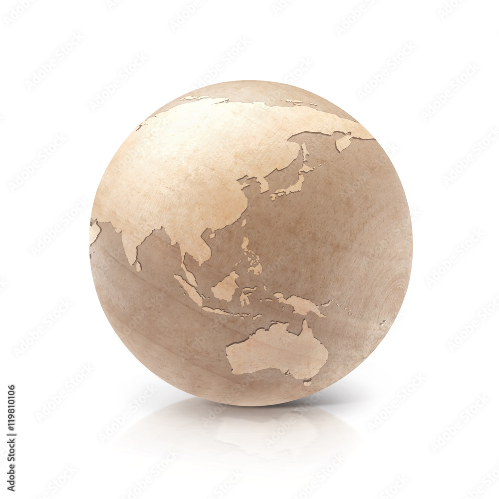 Wood Asia & Australia world map on white background Wood Asia & Australia world map on white background