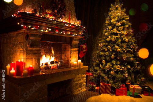 christmas interior with tree, presents and fireplace