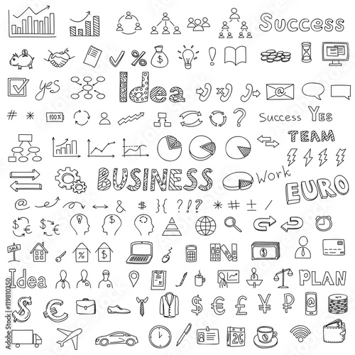 Big set of business, social, technology doodle, hand drawn elements
