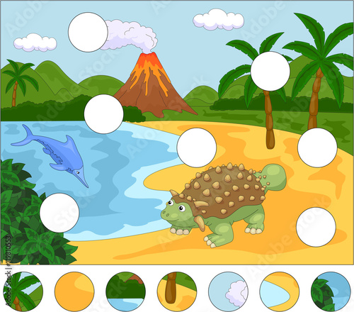 Funny cute ichthyosaurus and ankylosaurus on the background of a