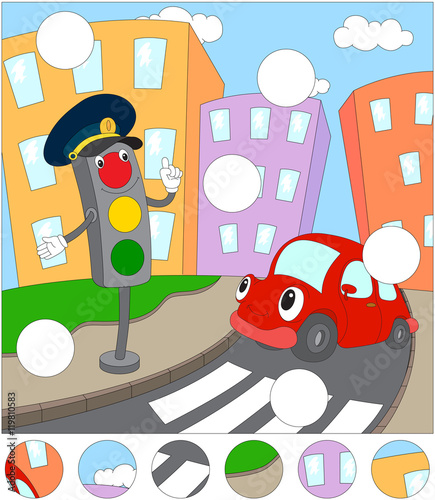Cartoon red car and traffic lights. Complete the puzzle and find