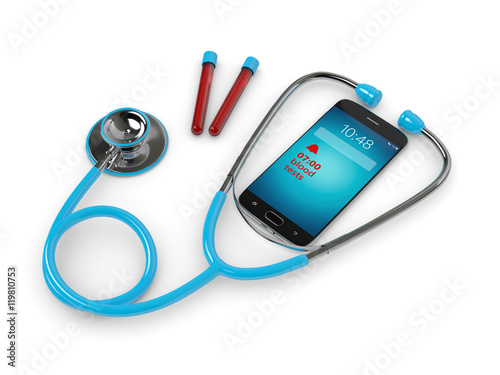 blue stethoscope and mobile phone with blood test alert