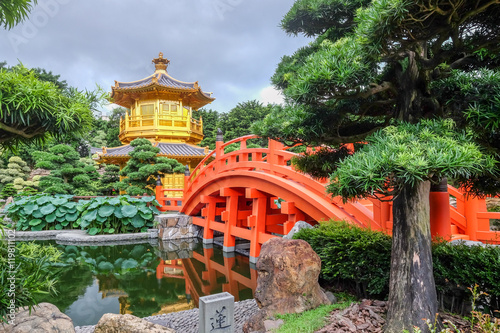 The golden pagoda and beautiful garden at Nan Lian public park Hong Kong.