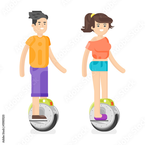 Vector flat style illustration of young man and woman riding an battery-powered electric unicycle scooter.