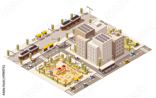 Vector isometric low poly commuter town infrastructure