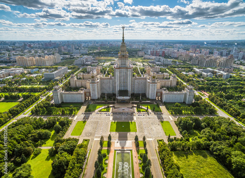 Moscow State University (MSU) on Sparrow Hills, urban landscape of Moscow, Russia.