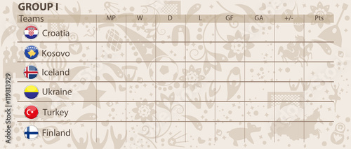 Football world cup 2018 groups. Group I. vector group toss table with chrome rings of participant countries flags buttons. Ornament elements background. Competition table for print, typography, web