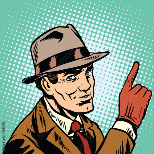 Male spy points a finger, retro background
