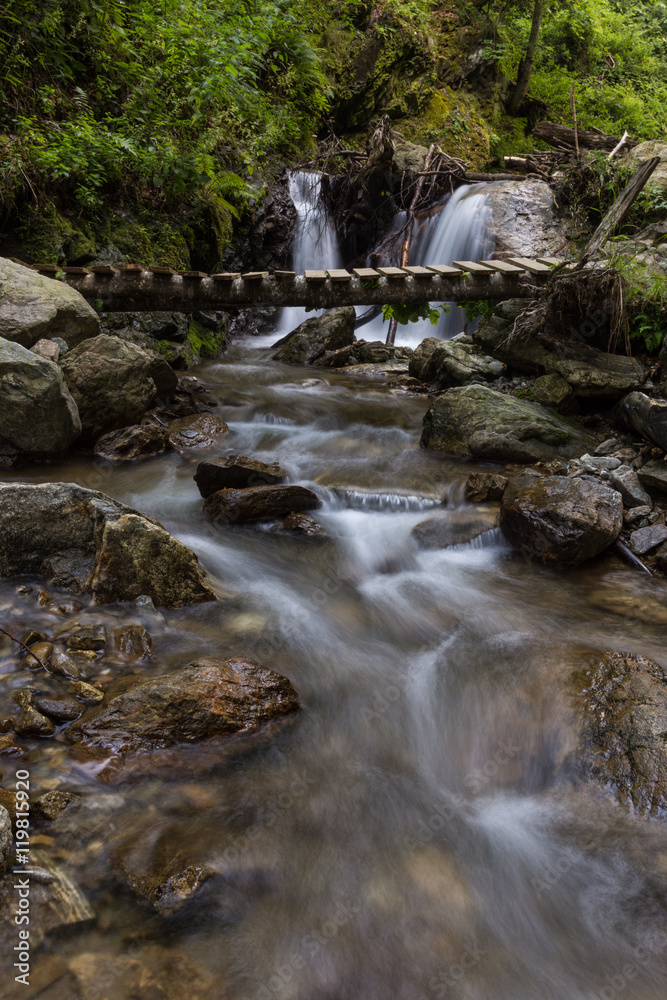 Fototapeta premium Waterfall with bridge in the Natural reservation Cheile Nerei, Romania