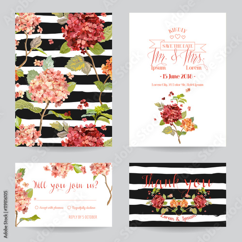 Greeting Wedding Card Set with Hortenzia Flowers
